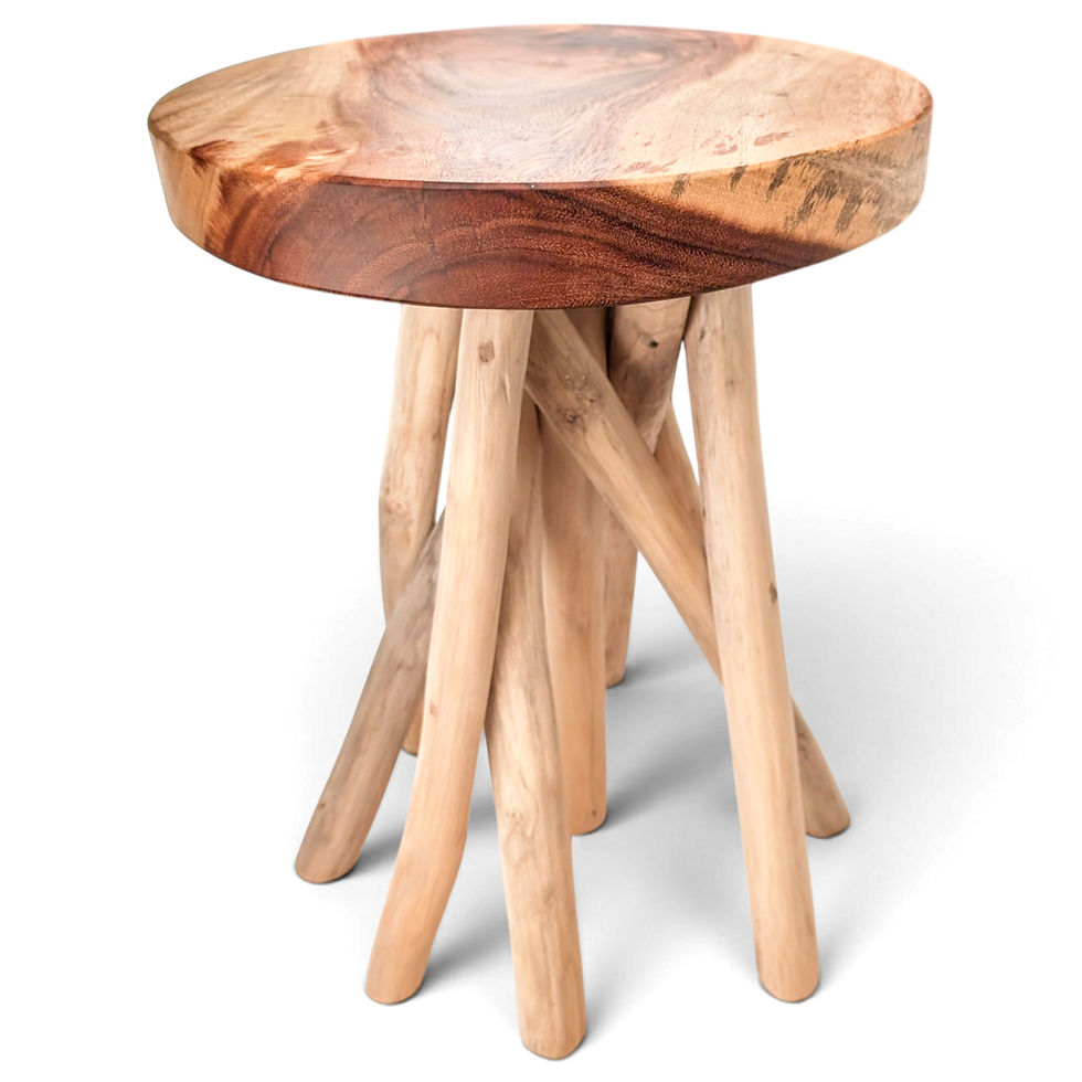 Thumbnail: Eclectic indoor teak stool with an expressive open base