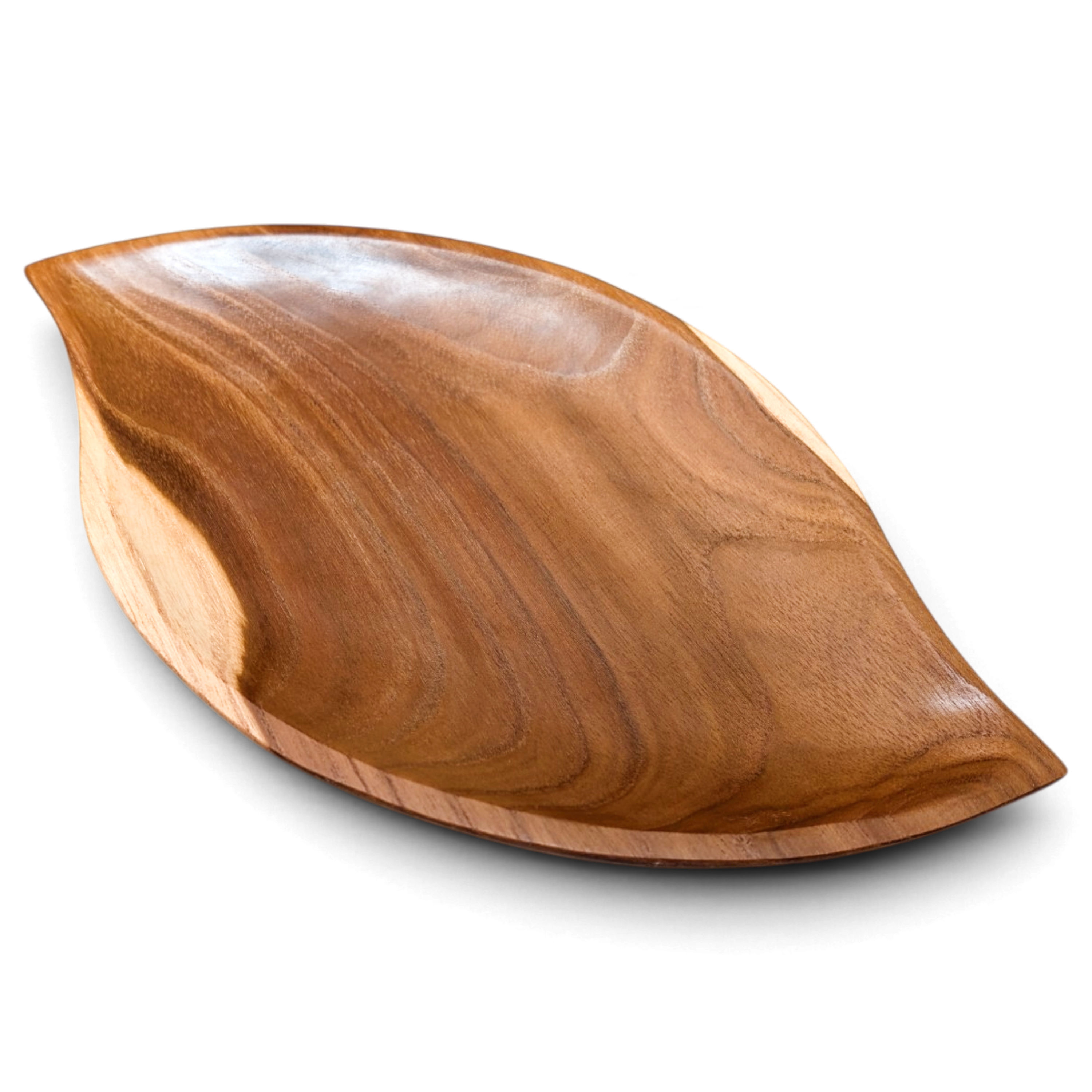 Carved teak leaf serving dish with warm amber grain