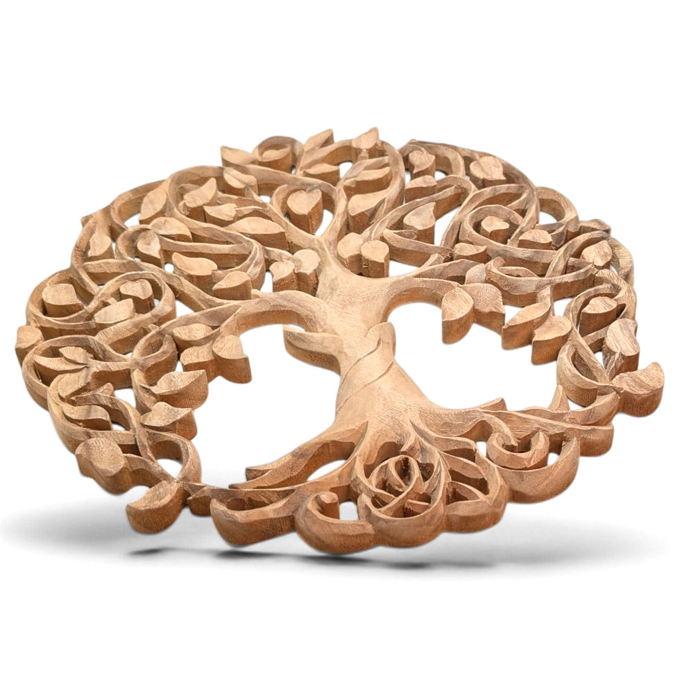 Sculptural teak Tree of Life wall hanging hand-carved in Bali