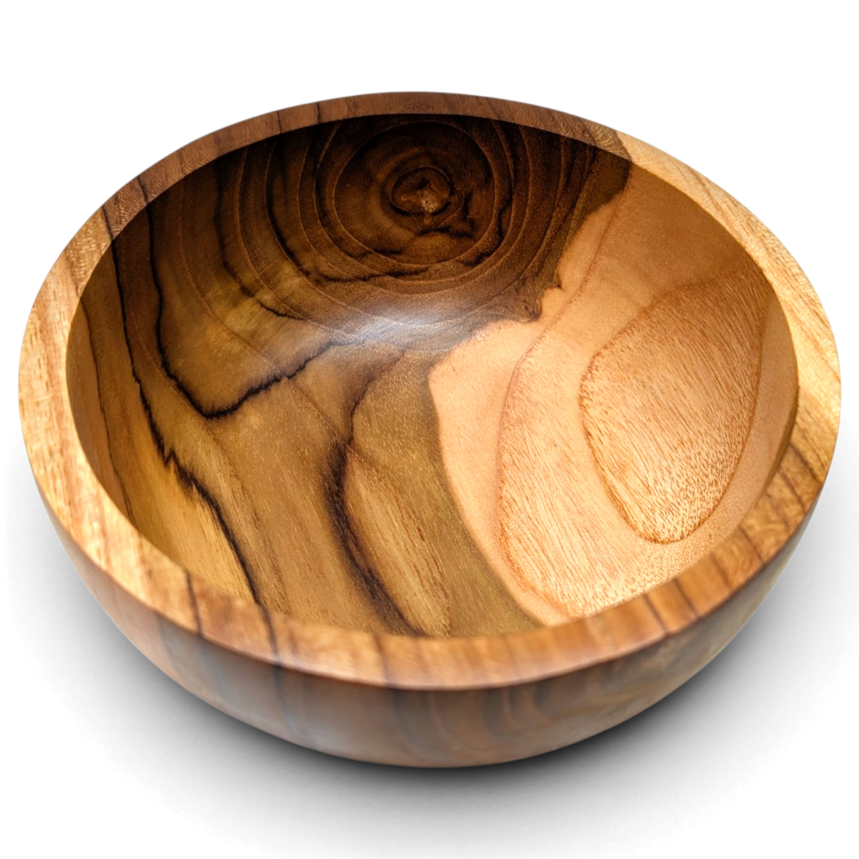 Amber teak serving bowl with curved sides and a hand-finished surface
