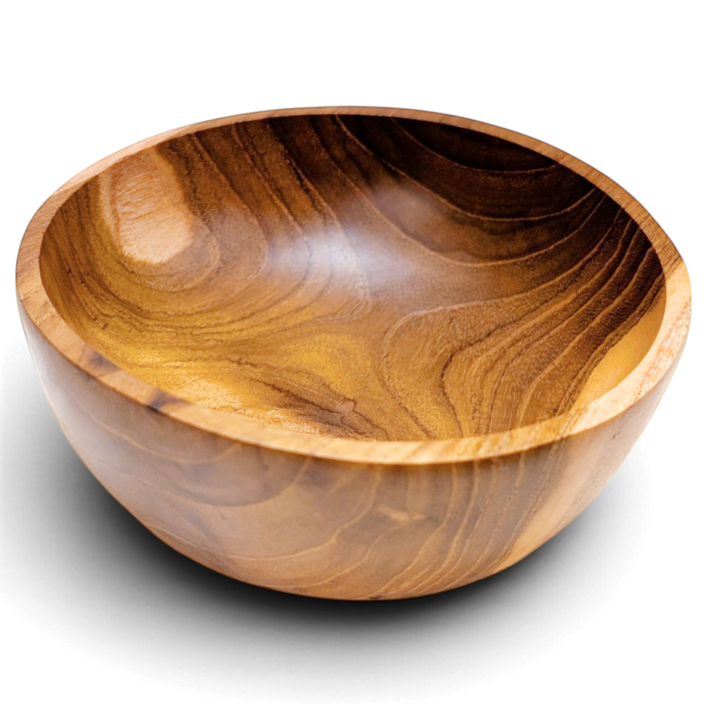 Angled view of a layered-grain teak serving bowl with warm natural coloring
