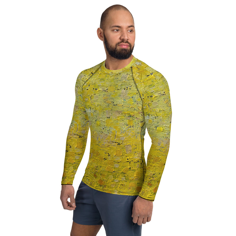 Thumbnail: Men's rash gard with Stacy Neasham's Naturally Yellow painting printed