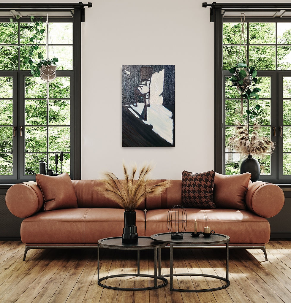 Thumbnail: Painting shown over a brown leather couch