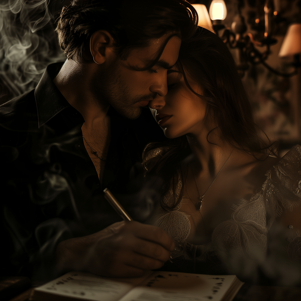 A couple in a steamy embrace as the male holds a pen to a journal