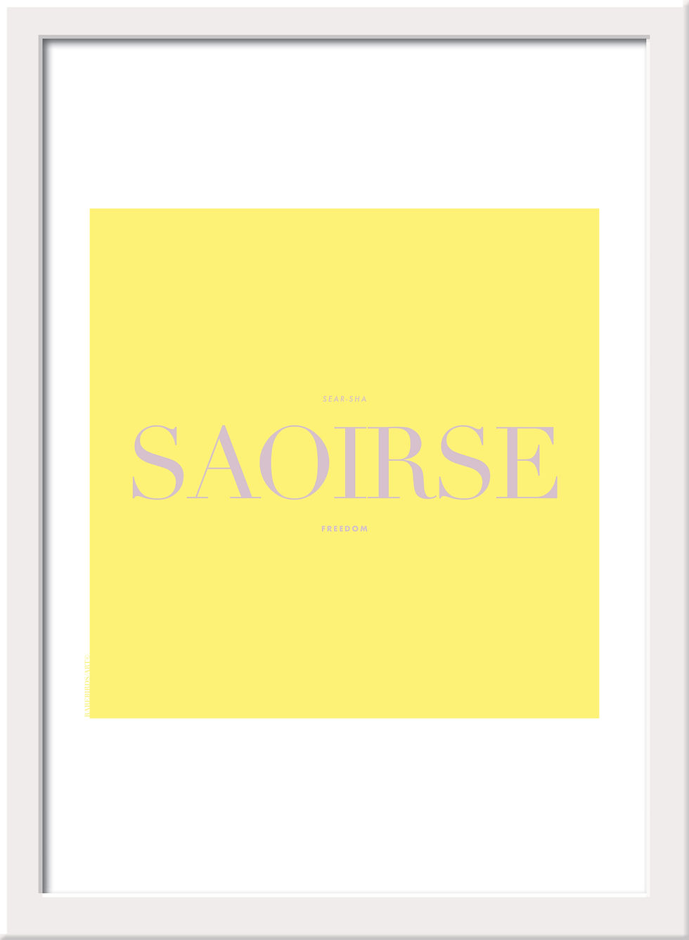 White framed print, Saoirse in irish means freedom. Saoirse Poster, Irish prints, graphic design, rarebirds art