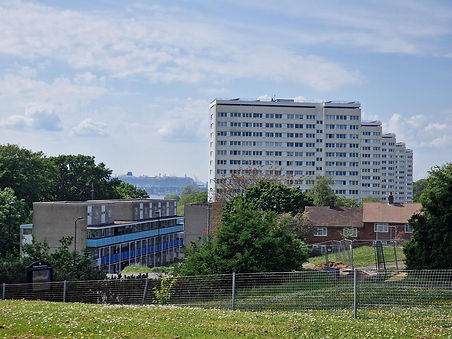 A sunny day in Weston with tower blocks and blue skies