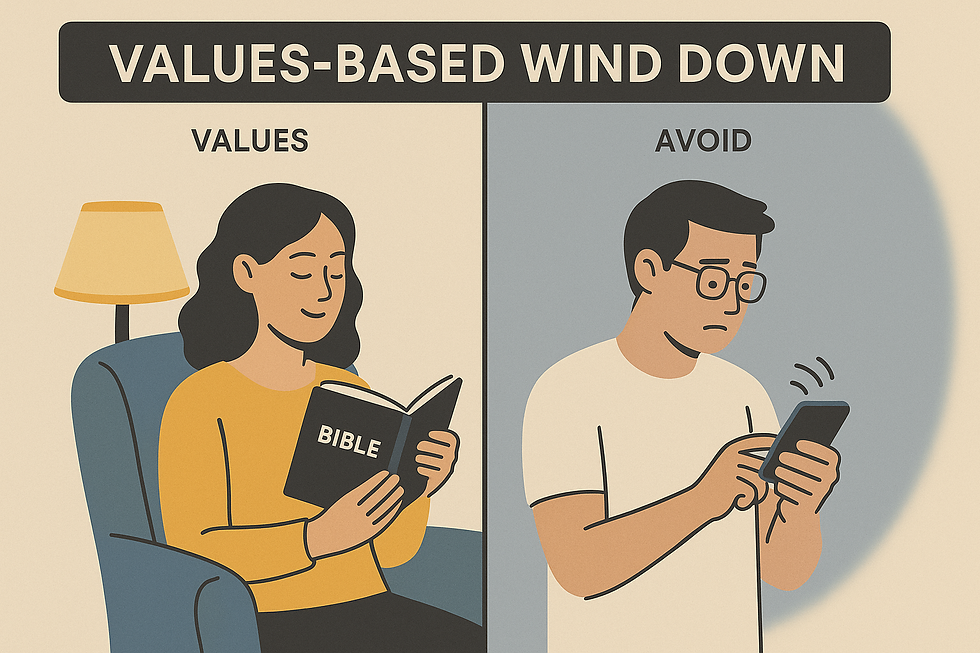 Split image comparing two evening routines: one driven by avoidance behaviors like phone scrolling, the other rooted in values like prayer and peaceful presence.