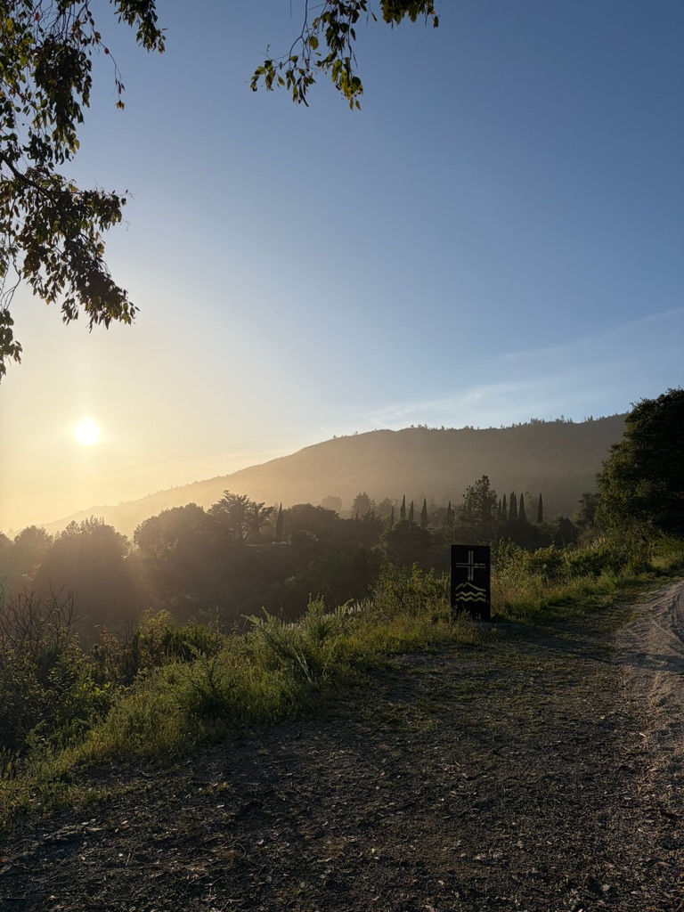 Sunset over misty hills and trees beside a dirt path, with a black trail sign marked by a cross.