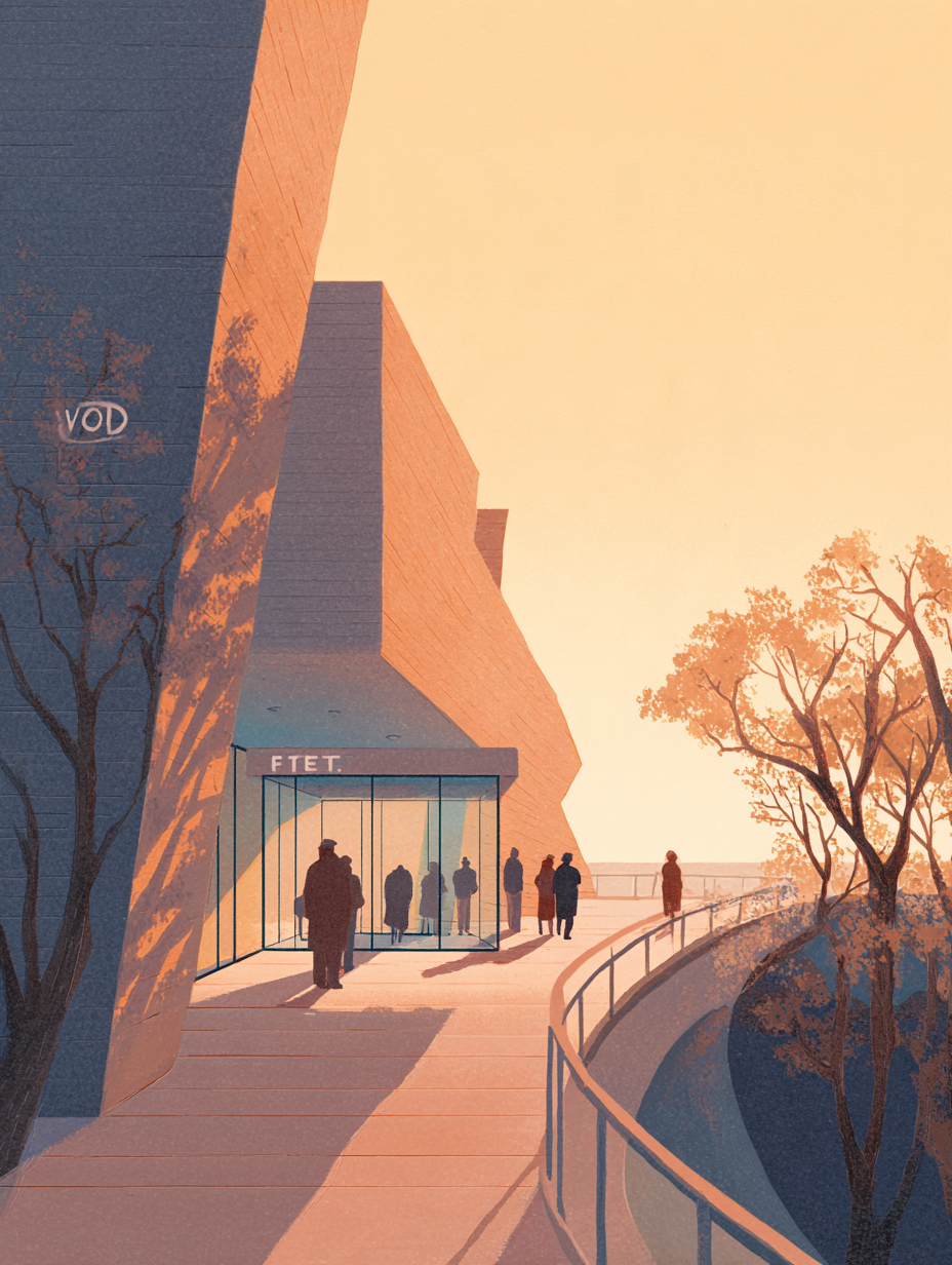 Illustration of voters walking toward a sunlit glass entrance on a hillside campus at golden hour, with a freeway curving below.