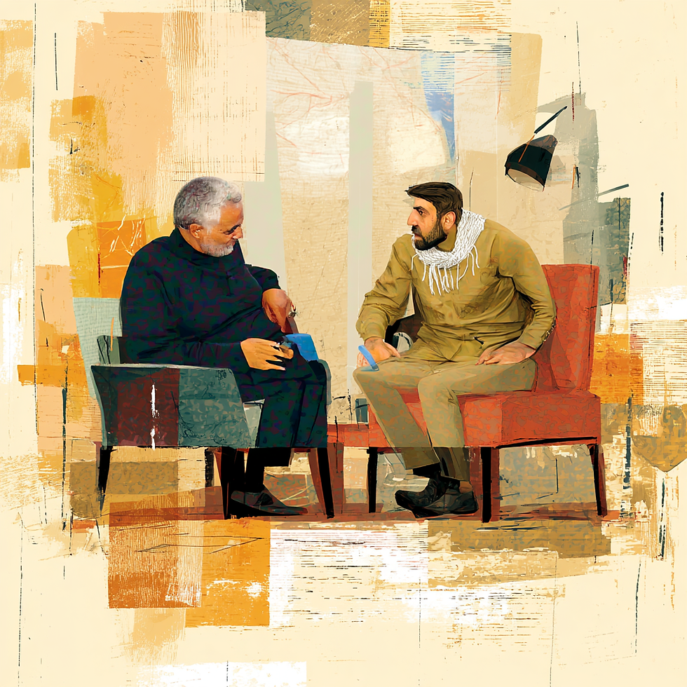 Illustrated artwork depicting Mohammad Al-Saadi meeting with Qasem Soleimani, used as cover art for The LA Jewish Home article on the alleged Iranian-backed terror plot targeting Jewish Los Angeles. Illustration via Midjourney.