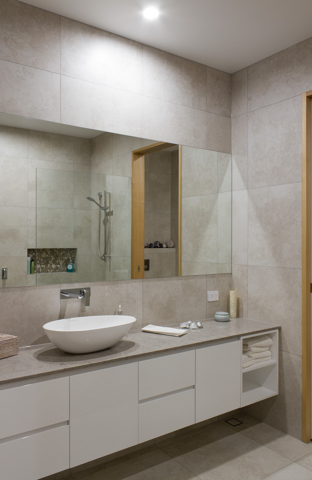 Main Bathroom With Solid Timber Doors Floor To Ceiling Tiles