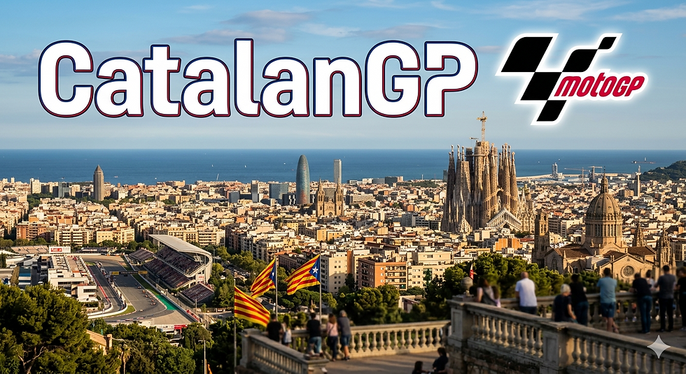 View of Barcelona with Sagrada Familia and a racetrack. CatalanGP and MotoGP logos displayed prominently, Catalan flags in the foreground.