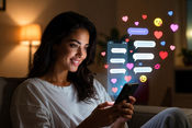 Smiling woman on couch texting, surrounded by heart and emoji icons. Warm lamp light in the background, creating cozy atmosphere.