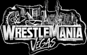 WrestleMania Vegas logo featuring a sketch of Las Vegas skyline in white on black. Prominent WrestleMania text with WWE logo above.