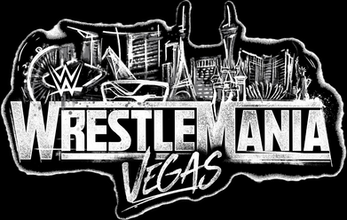 WrestleMania Vegas logo with Las Vegas skyline in chalk style. WWE emblem above "WrestleMania" text, bold and dynamic lettering.