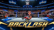 Two wrestlers in action in a packed arena with "Backlash" banners and WWE logo. Energetic atmosphere and cheering crowd.