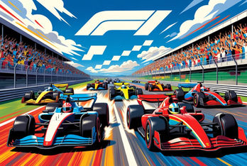 Formel-1-Rennwagen rasen auf bunter Strecke. Zuschauer jubeln auf Tribünen. Blau, Rot und Gelb dominieren. Dynamische, energiegeladene Szene.
