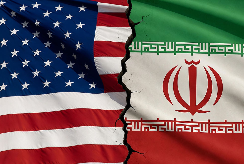 Cracked split between the USA flag (stars and stripes) and the Iran flag (green, white, and red with an emblem), symbolizing tension or conflict.