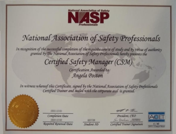 National Association of Safety Professionals Certified Safety Manager Certificate