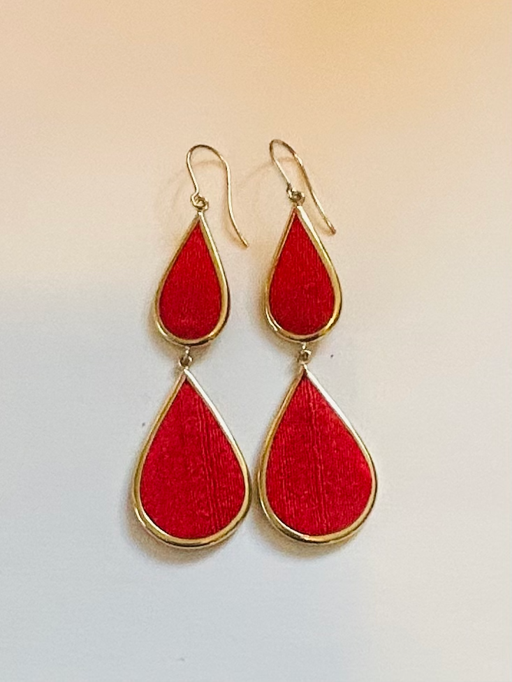 Brass/Silk Double Teardrop Earring Ruby Red