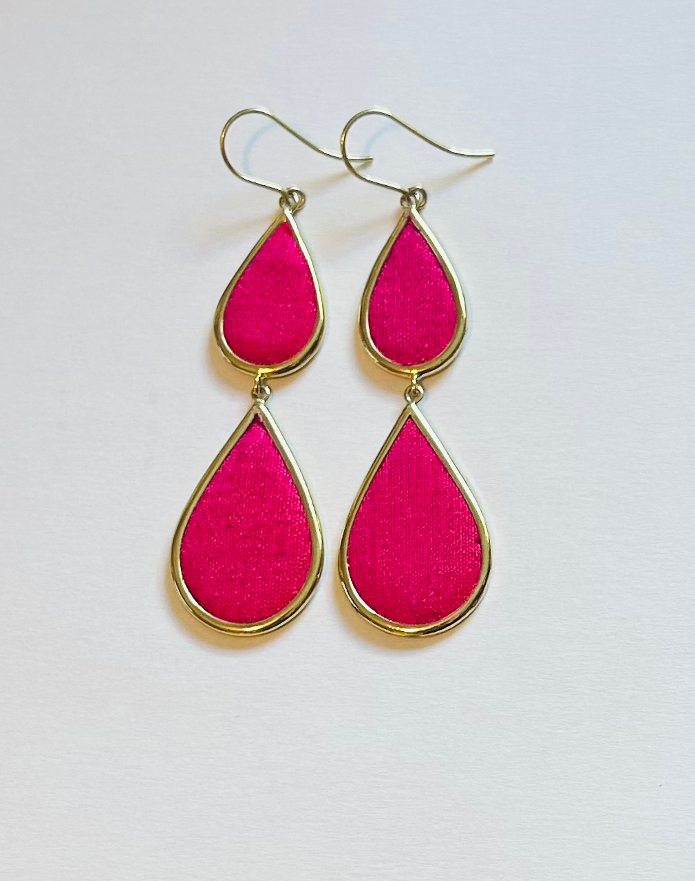 Brass/Silk Double Teardrop Earring Hot Pink