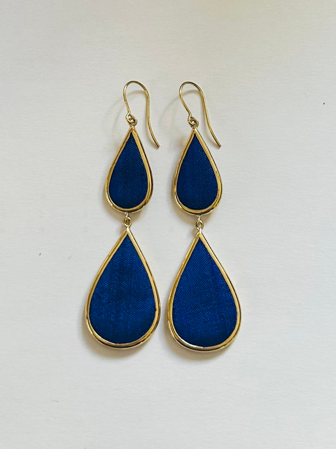 Brass/Silk Double Teardrop Earring Cobalt Blue