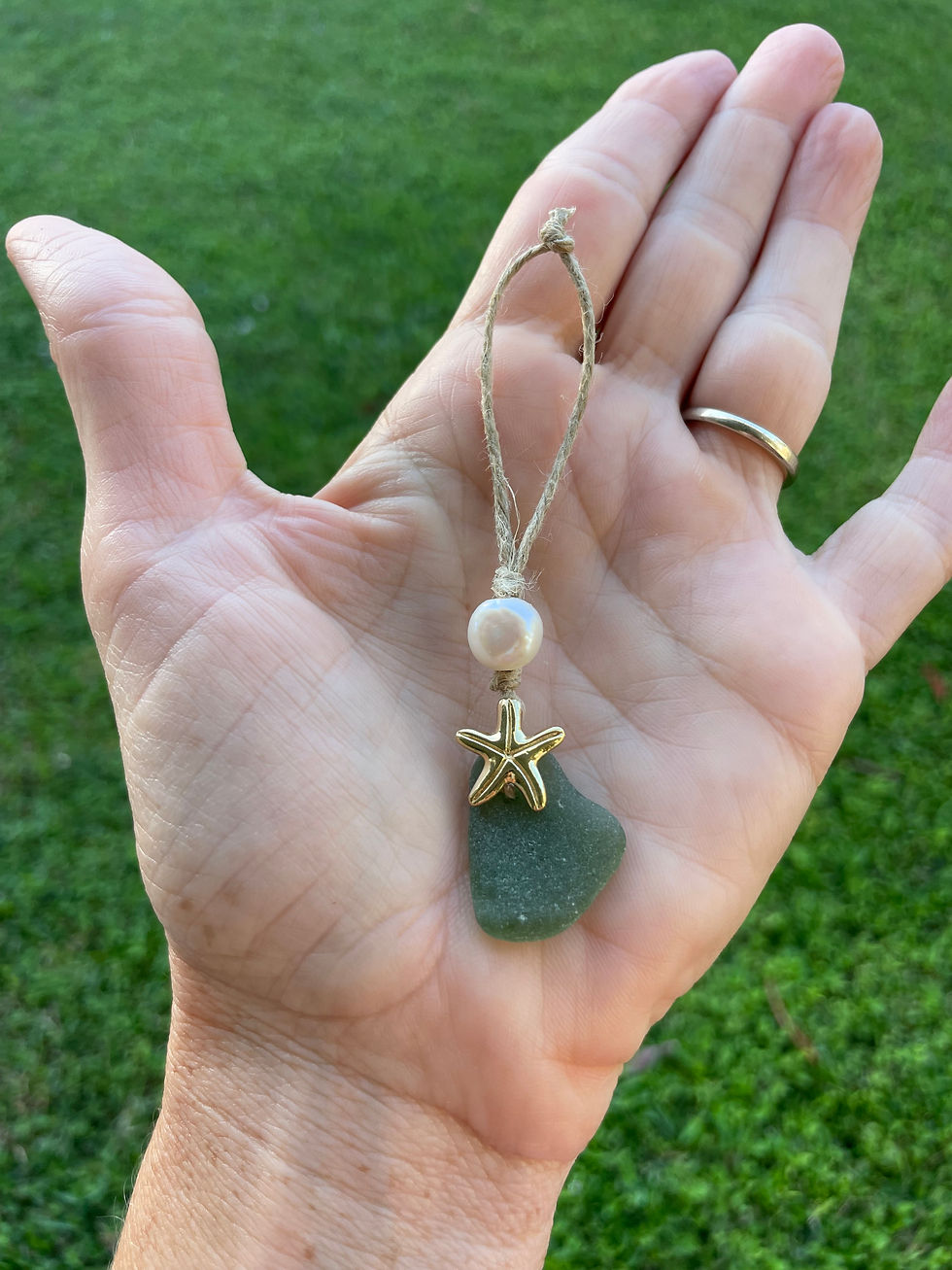 Dark Green Sea Glass Ornament w/Gold Starfish