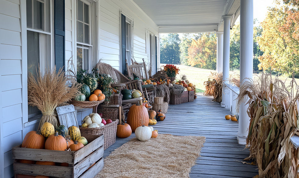 a large seasonal porch scape with fall decorations
