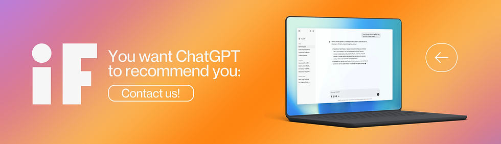 Laptop displaying a ChatGPT-style interface next to the message “You want ChatGPT to recommend you? Contact us!” on an orange-purple gradient background.