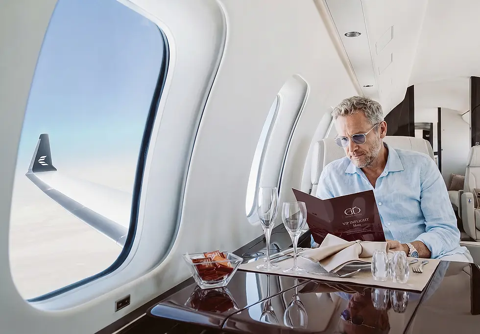 Business executive seated in a private jet cabin, private jet catering at Jacksons International Airport (POM / AYPY), Port Moresby, Papua New Guinea