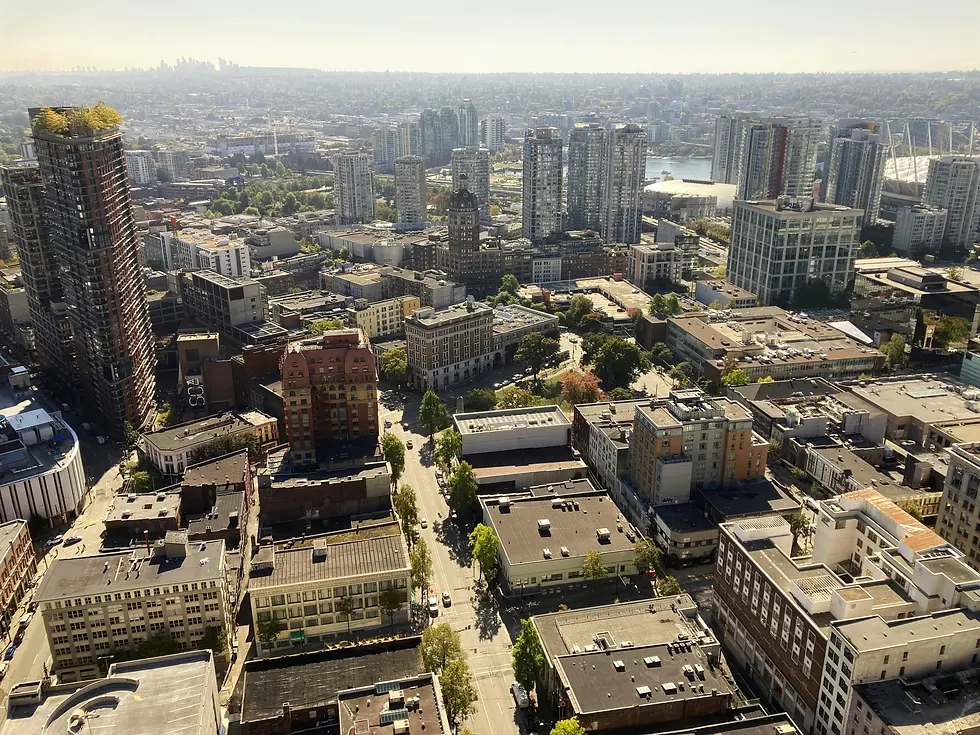 Aerial of dense downtown towers and city blocks in soft light, private jet catering at Columbia Metropolitan Airport (CAE / KCAE), Columbia, United States