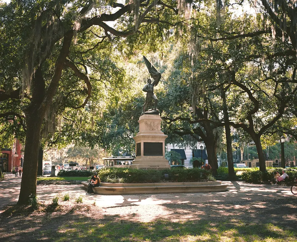 Historic park square shaded by live oak trees draped in moss around a statue, private jet catering at Savannah/Hilton Head International Airport (SAV / KSAV), Savannah, United States