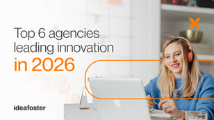 Visual cover for “Top 6 agencies leading innovation in 2026,” showing a woman collaborating online, representing the innovation ecosystem of Ideafoster and the HIVE partners.
