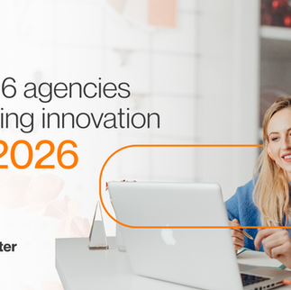 Visual cover for “Top 6 agencies leading innovation in 2026,” showing a woman collaborating online, representing the innovation ecosystem of Ideafoster and the HIVE partners.