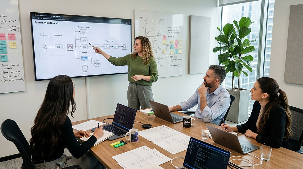 A professional ideafoster's team collaborating in a modern office, analyzing a digital workflow diagram on a large screen to develop local innovation strategies.