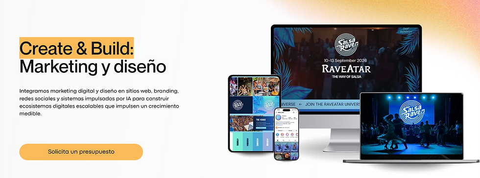 Sección Create & Build de Ideafoster mostrando soluciones de marketing digital y diseño de ecosistemas digitales escalables.