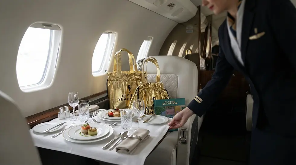 Gourmet catering setup inside private jet cabin