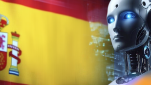 Robot con ojos azules frente a la bandera de España; aparece el texto ideafoster y un fondo tecnológico.