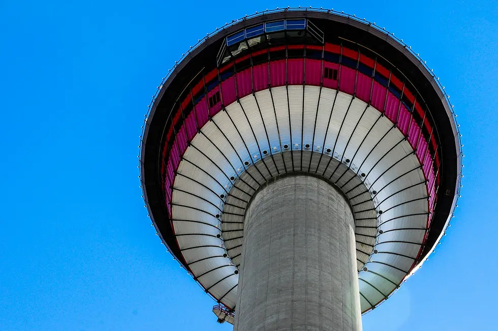 Low angle of a tall observation tower with a round pod against a blue sky, private jet catering at Prince Rupert Airport (YPR / CYPR), Prince Rupert, Canada