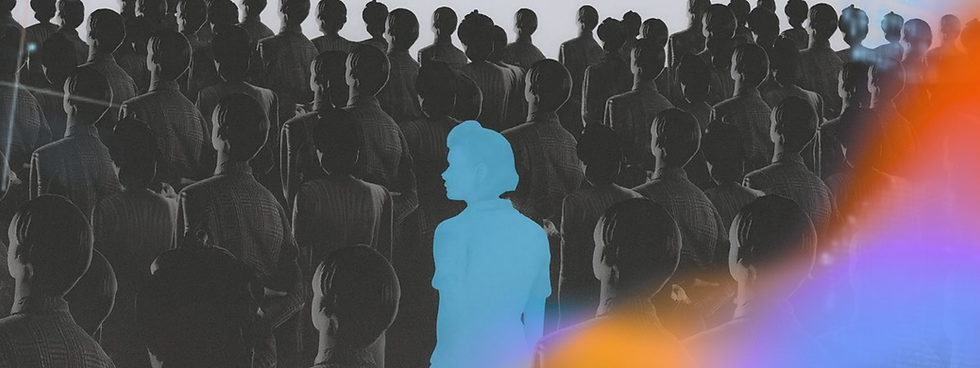 Blue silhouette stands out in a crowd of dark figures, with colorful light streaks