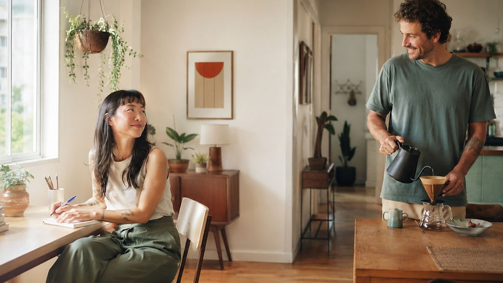 Mulher escrevendo em caderno na mesa e homem ao fundo preparando café coado trocando olhares cúmplices.