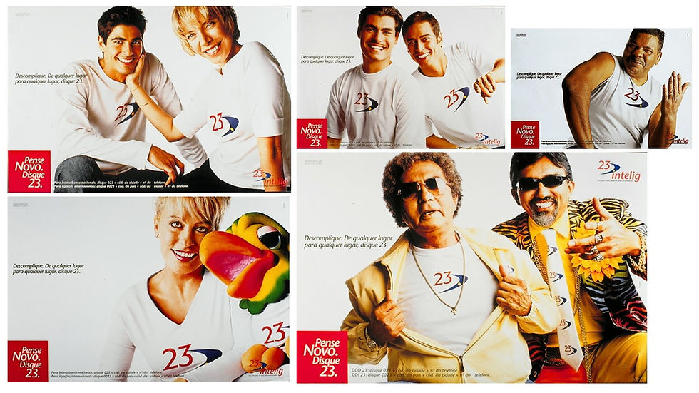 Peças publicitárias da Intelig Telecom com o famoso posicionamento; "Descomplique. Disque 23"