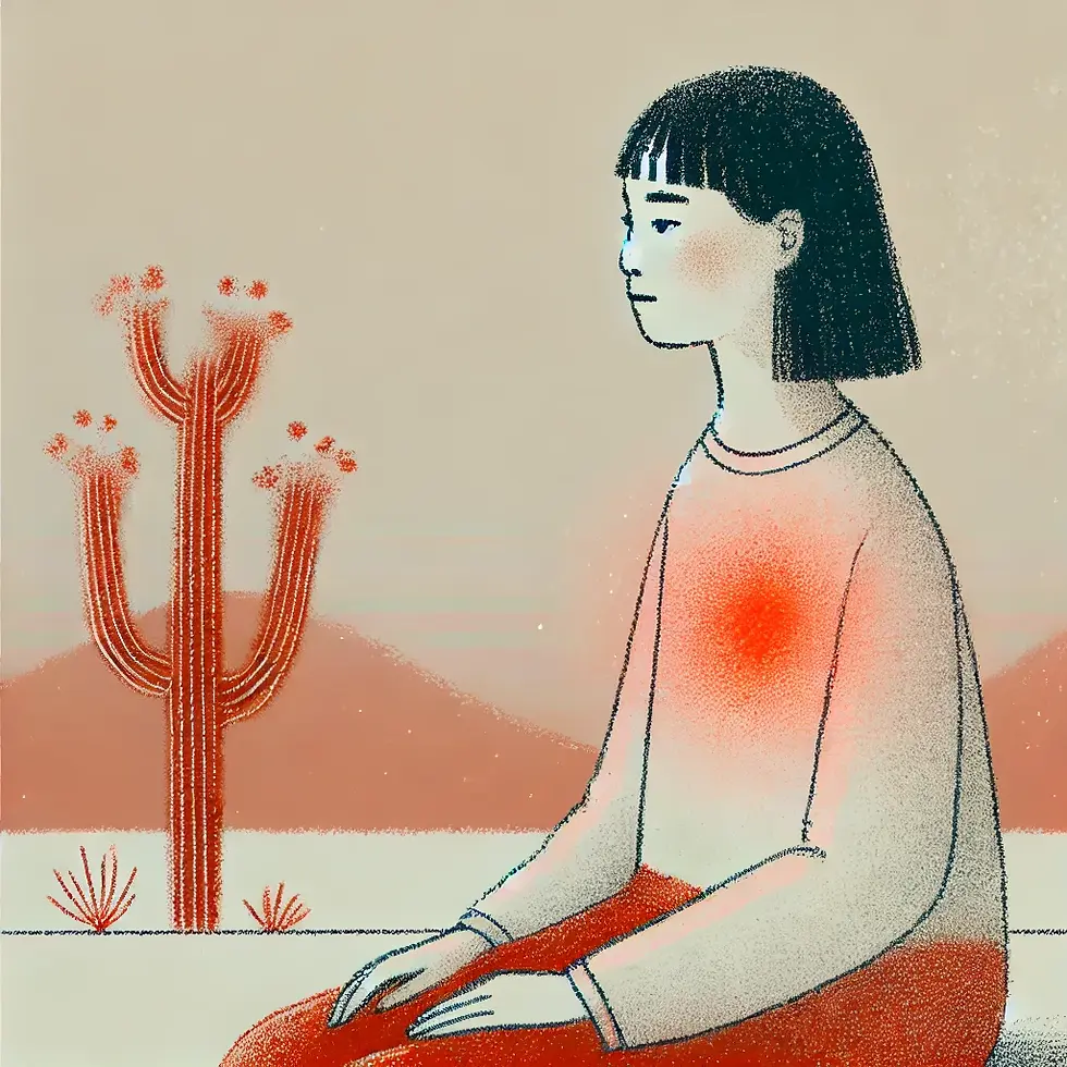 A sketch-style illustration of a young biracial Asian woman sitting in a park with a soft red glow on her chest, symbolizing an unrecognized emotion.
