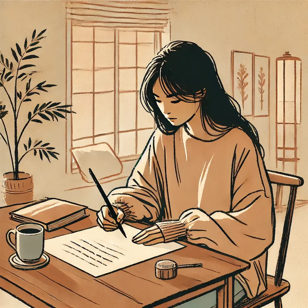 A simple, hand-drawn sketch of a young Asian woman at a cozy desk, practicing calligraphy. Warm colours and soft lines create a calm atmosphere. A cup of tea, a notebook, and a few plants add to the inviting scene, with natural light from a window in the background.