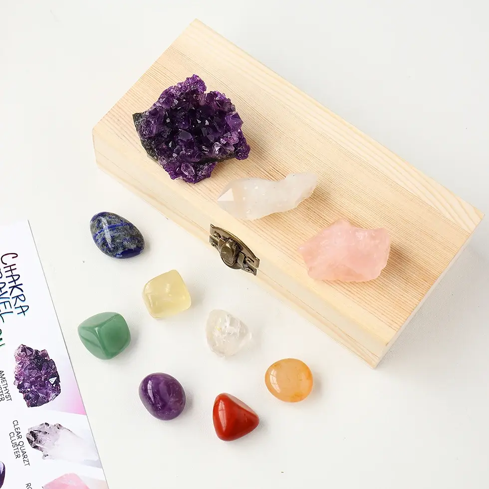 Thumbnail: Natural Healing Crystal Set Amethyst Cluster Quartz Rough Stone Wooden Box Set