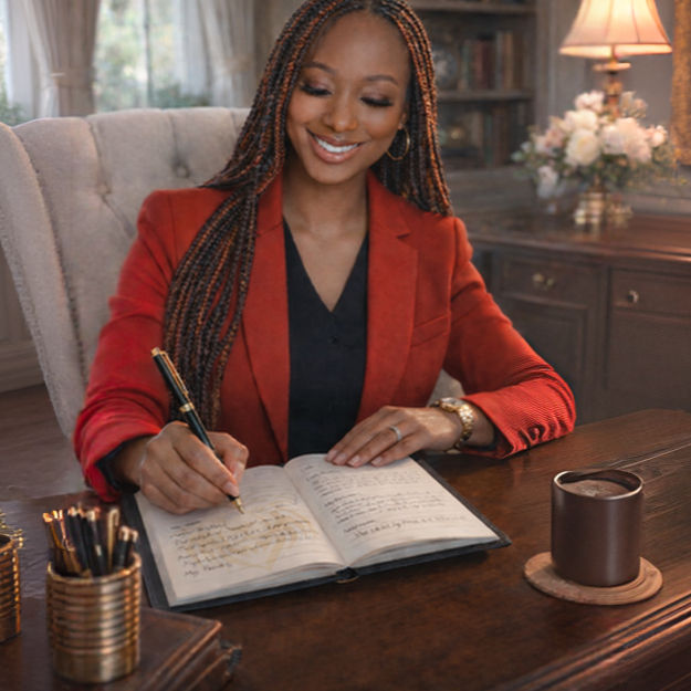 Thumbnail: Smiling woman in red blazer writing in journal at elegant desk.
