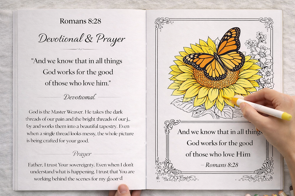 Thumbnail: Hand coloring a devotional book, Romans 8:28, sunflower, monarch butterfly.