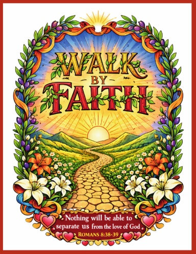Vibrant 'WALK BY FAITH' path to sun, God's love text, flowers.