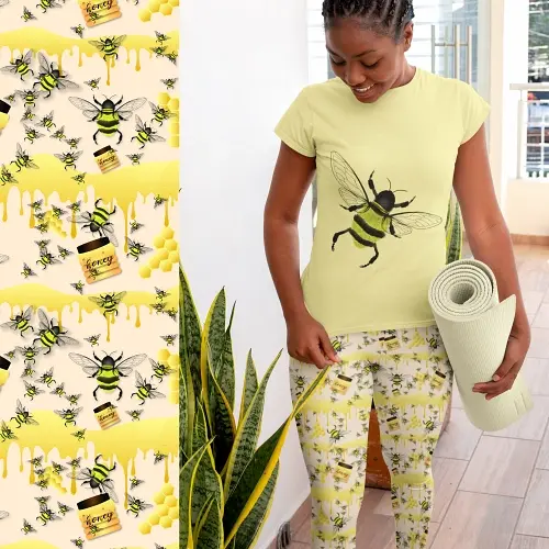 Thumbnail: Teenager posing in Papaya Whip honeybee patterned leggings with yoga mat