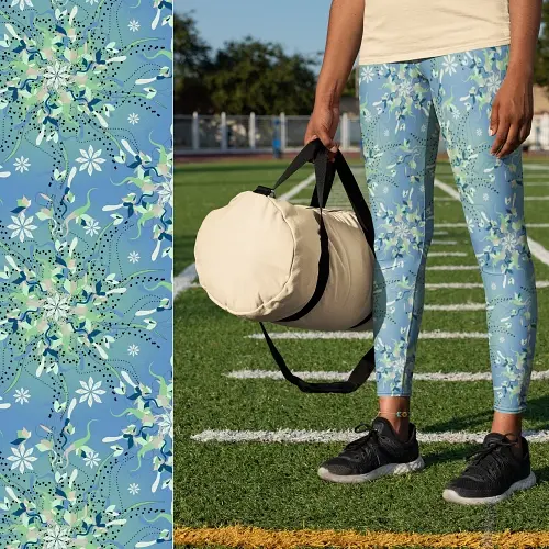 Thumbnail: Teen in Blue Grotto Flora leggings stretching outdoors in soft natural light